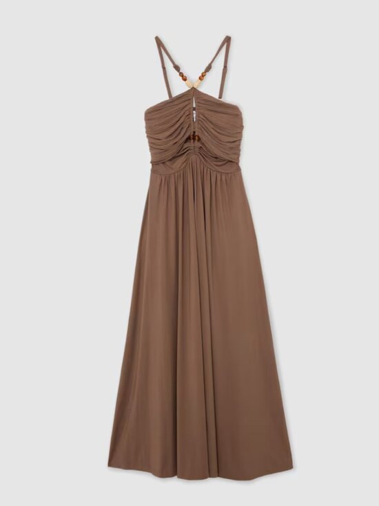 Reiss Dresses & Skirts - Reiss Eloise dress - Jersey Bead-Detail Ruched Maxi Dress in Taupe Brown sz 8
